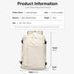 Cream laptop backpack with dimensions, top handle, and front strap details