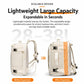 Expandable travel backpack capacity graphic showing before and after expansion