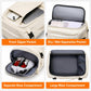 Expandable backpack detail showing front zipper pocket, shoe compartment, and main compartment