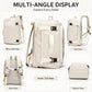 Cream expandable travel backpack shown in front, side, back, and bottom views