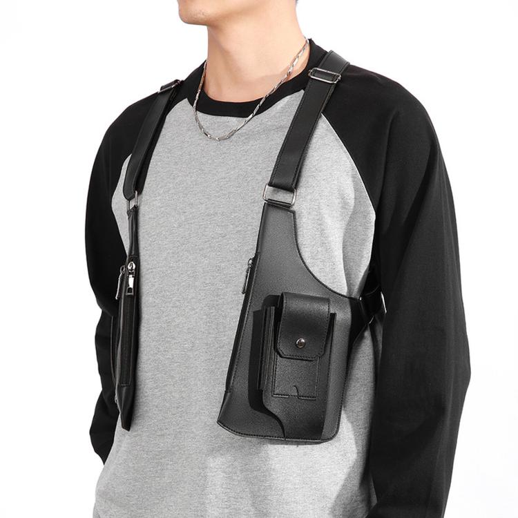 Black PU leather crossbody shoulder bag with adjustable chest harness straps