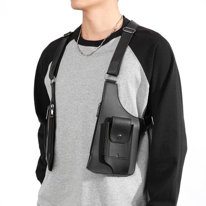 Black PU leather crossbody shoulder bag with adjustable chest harness straps