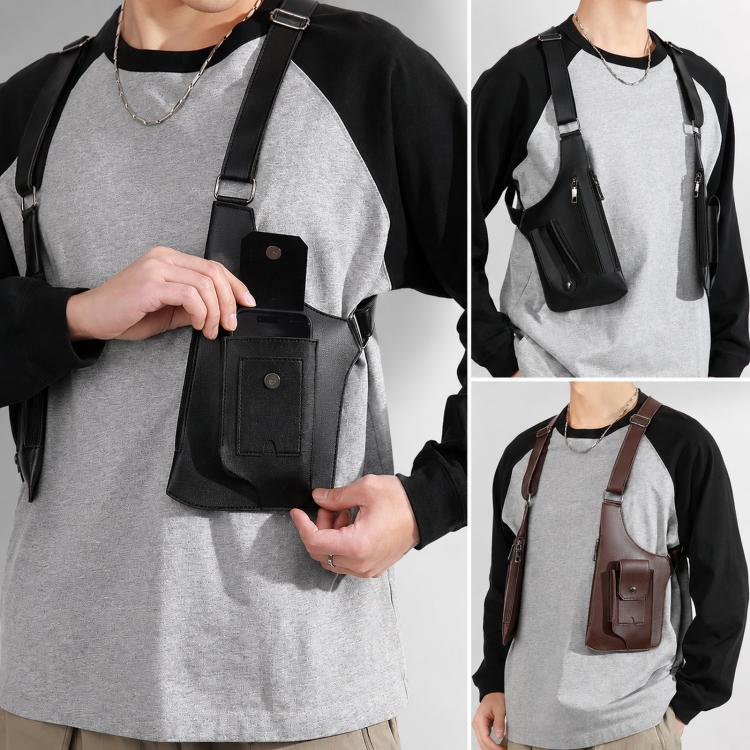Black PU leather chest rig crossbody bag with front pocket and adjustable strap