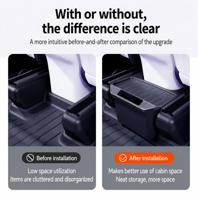 Rear seat storage box shown in two installed angles, dark gray base