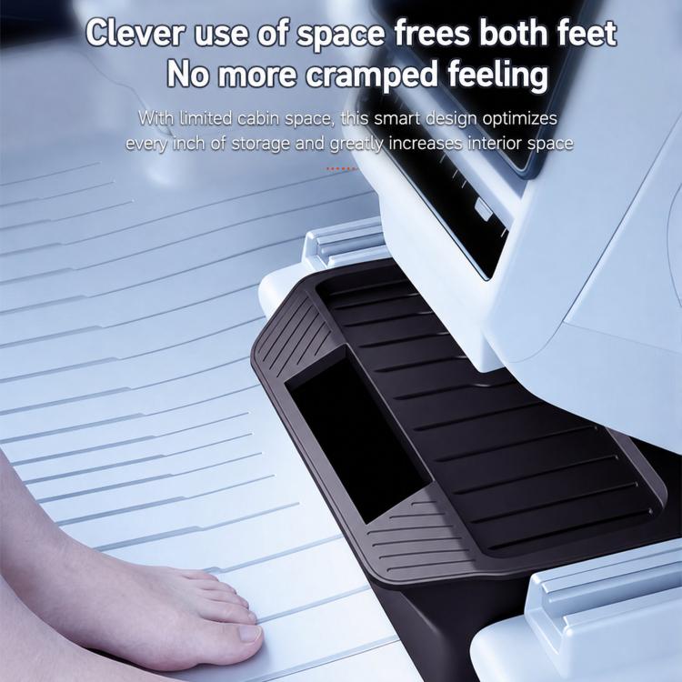 Rear seat storage box placed between seats with open compartment, dark gray