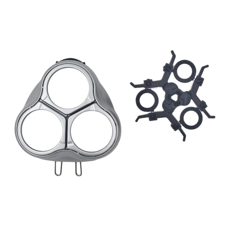 Three-blade shaver head replacement with silver cutters and two support clips
