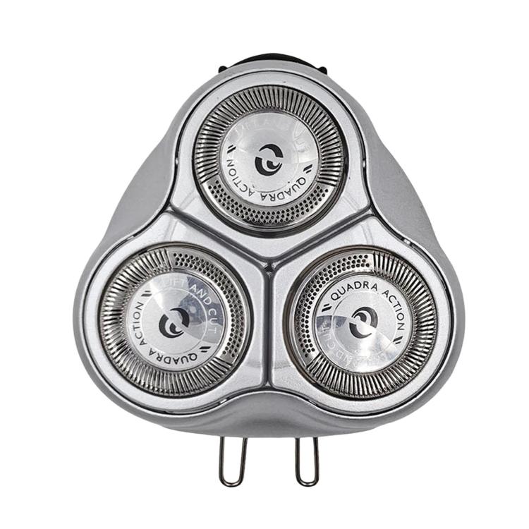 Tri-round rotary shaver head replacement with three metal foil cutters and clips