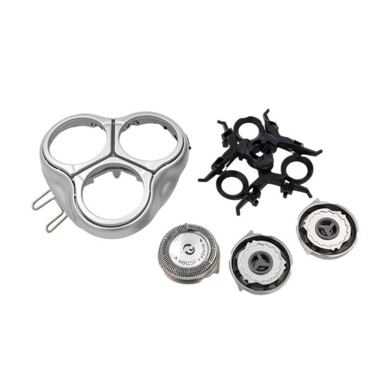 Shaver head replacement set: silver frame, three cutter foils, and black blade parts