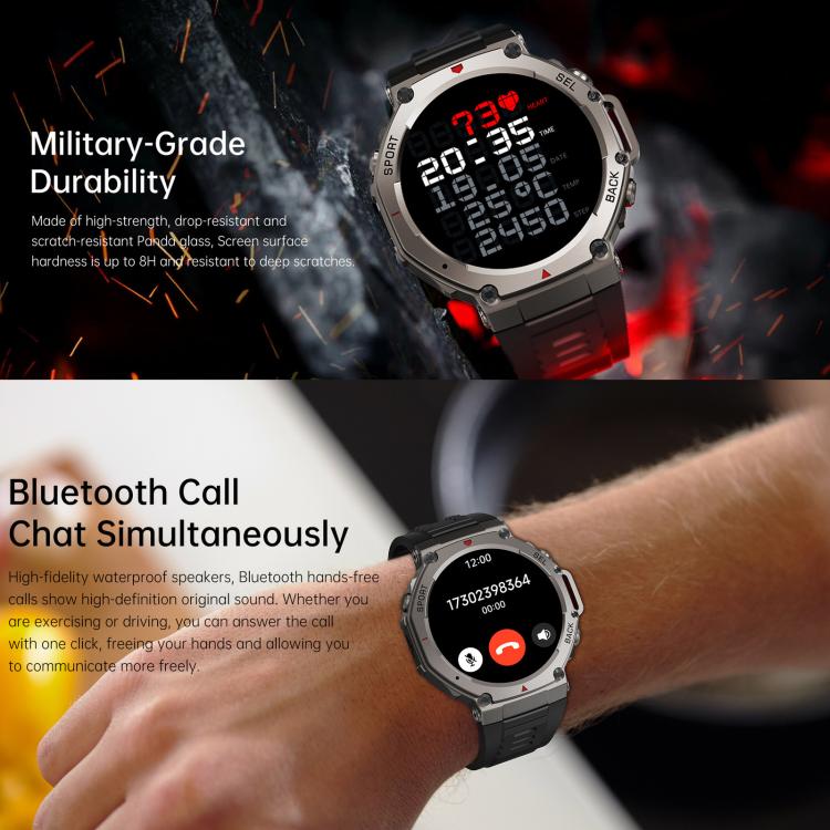 Rugged GPS smartwatch with a black band, shown displaying digital time and call controls