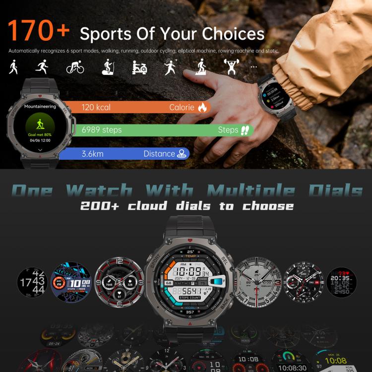GPS sports smartwatch displaying activity stats alongside a selection of watch face designs