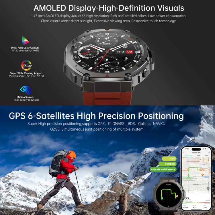 GPS smartwatch with an AMOLED display, detailed watch face, and red band