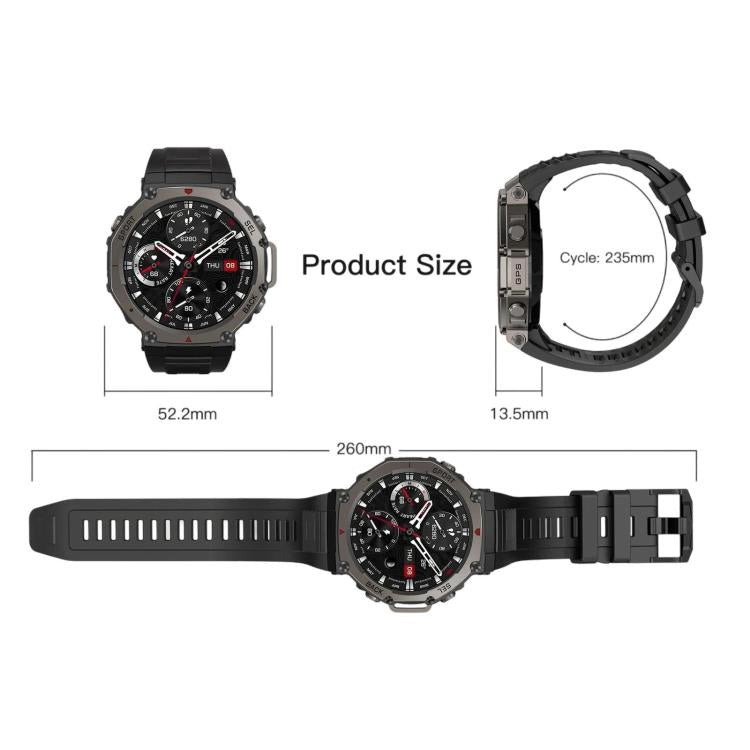 GPS smartwatch with dimension diagrams showing its case, thickness, and band length