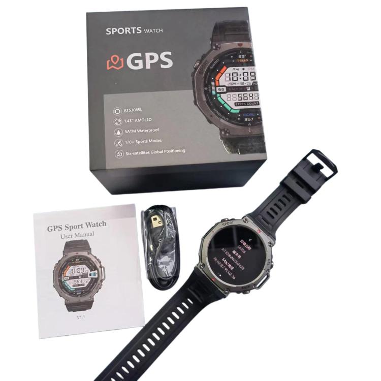 GPS sports smartwatch with retail box, charging cable, and user manual