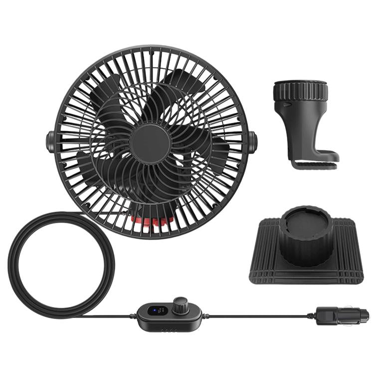 5-blade vehicle fan kit with black fan, control box, cigarette lighter plug, and mounts