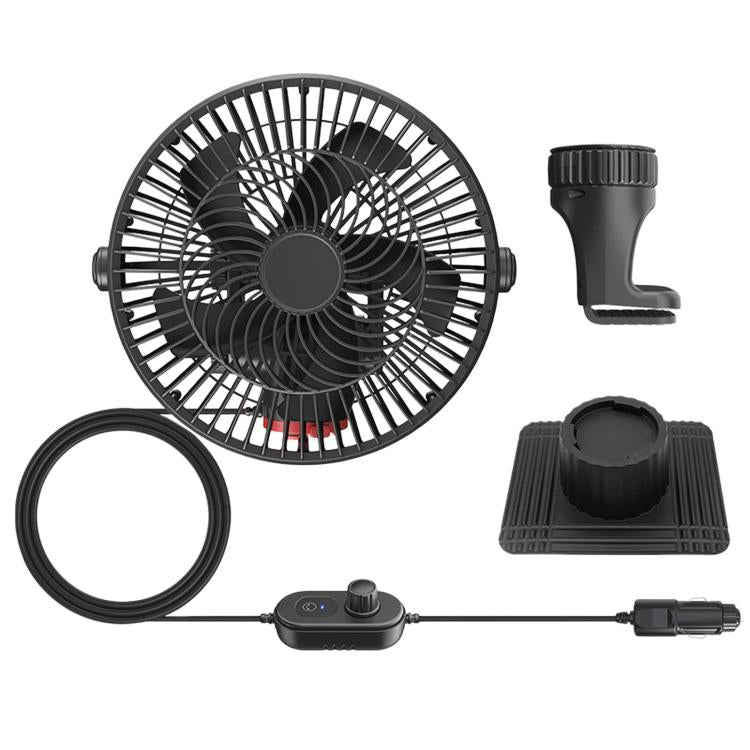 5-blade vehicle fan kit with black fan, speed control box, cigarette lighter plug, and base