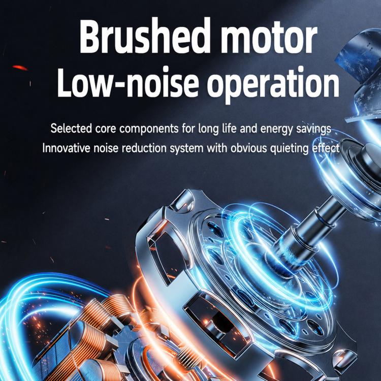 Close-up of brushed motor housing and fan blades on a black low-noise vehicle fan