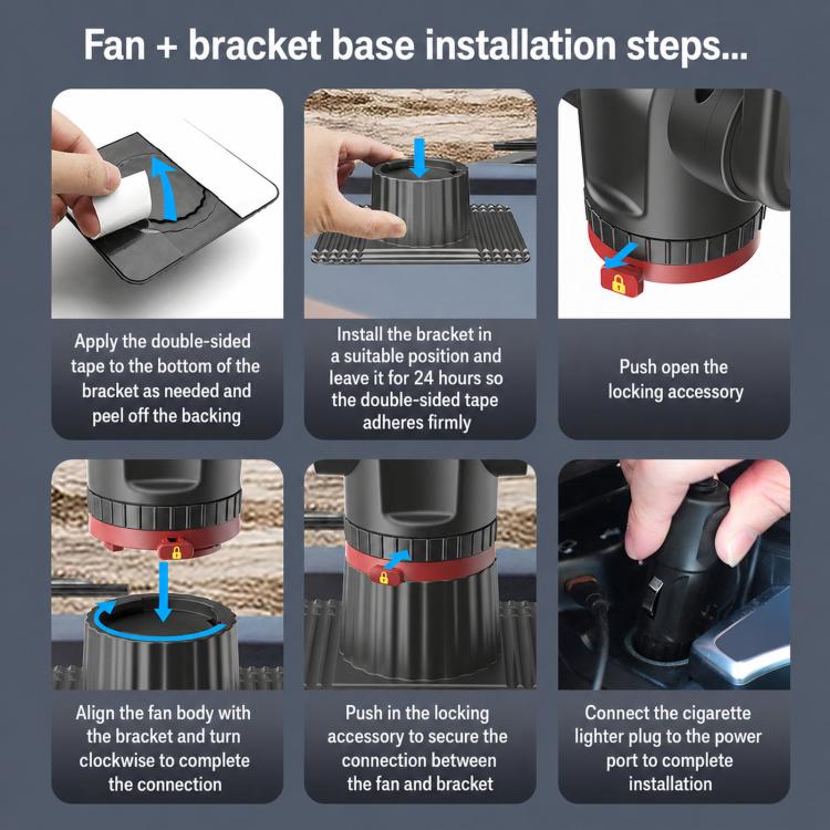 Truck fan installation steps showing bracket base, locking collar, and cigarette lighter power plug