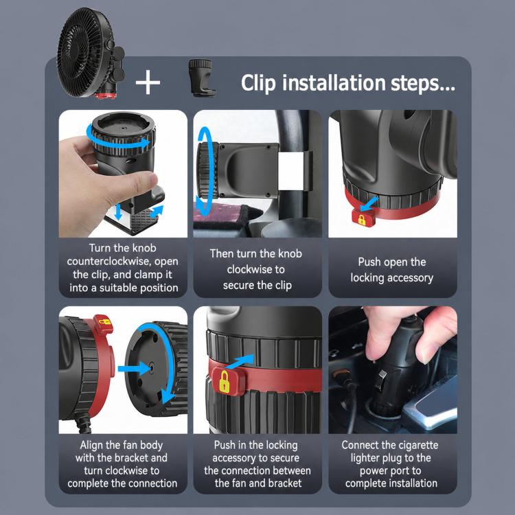 5-blade vehicle fan with clip bracket, showing locking base and installation connectors