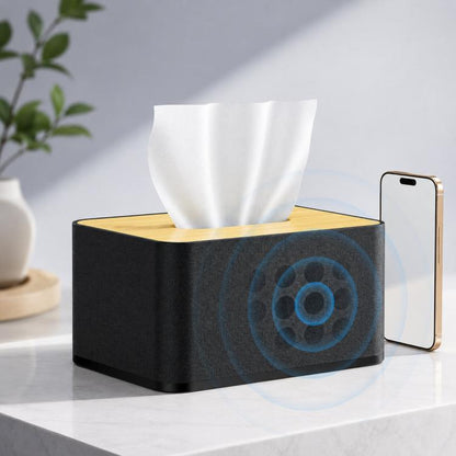 Black fabric tissue box audio blocker device with gold lid and blue target rings
