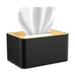 Black fabric tissue box audio blocker with gold lid and open white tissue