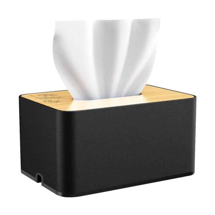 Black fabric tissue box audio blocker with gold lid and open white tissue