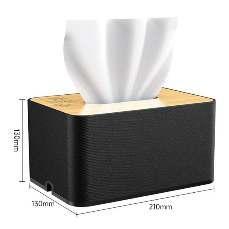 Black tissue-box audio protection device with gold wood top and front speaker grille