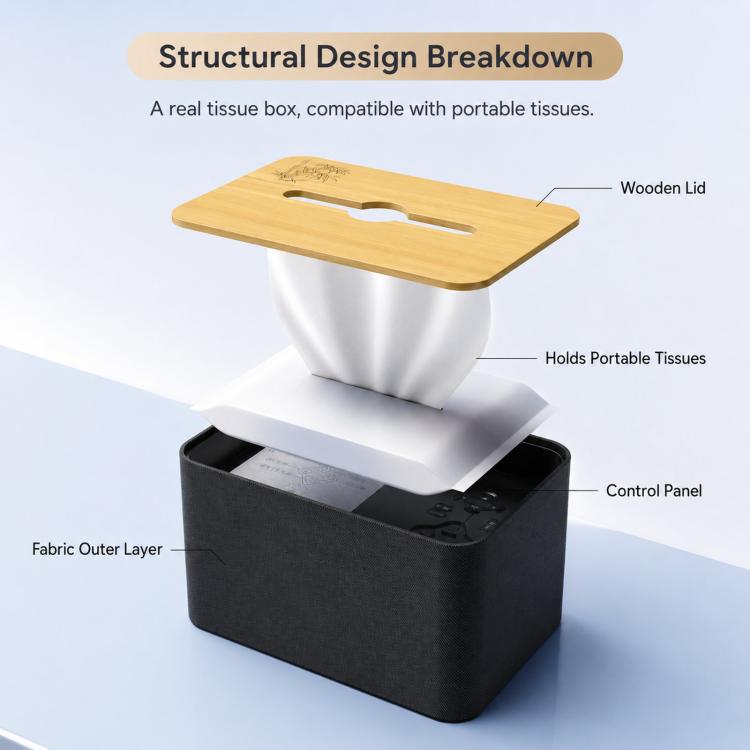 Open black tissue box audio blocker with wooden lid and control panel diagram