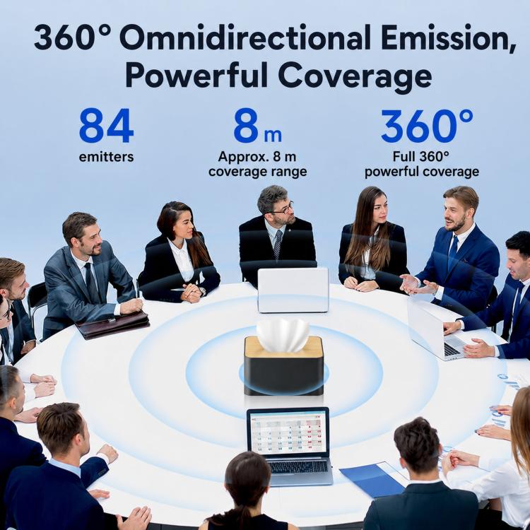 Ultrasonic tissue box audio blocker with 360° coverage graphic over table