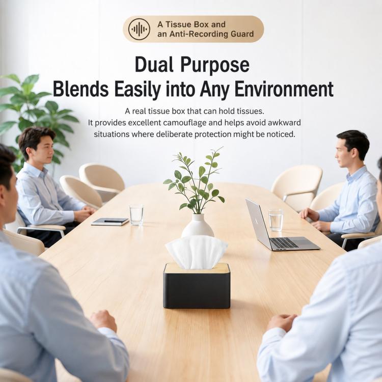 Tissue box audio blocker device shown on table with camouflage concept in meeting