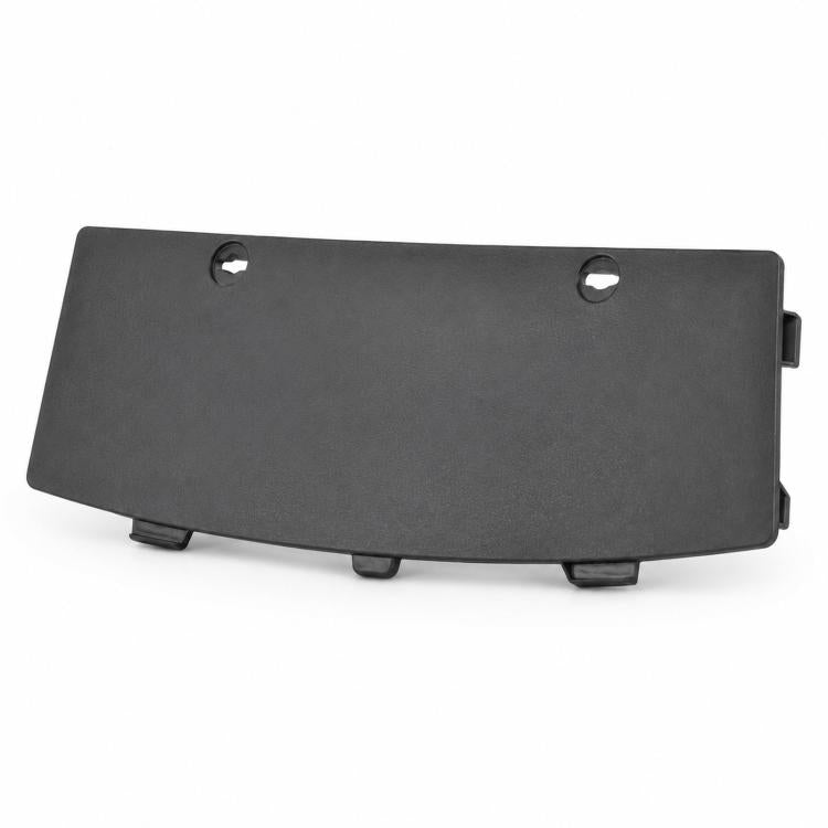 Matte black plastic rear bumper lower cover plate with two circular mounting holes