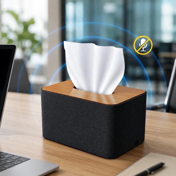 Black fabric tissue box with wooden lid and white tissues protruding