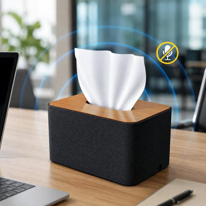 Black fabric tissue box with wooden lid and white tissues protruding