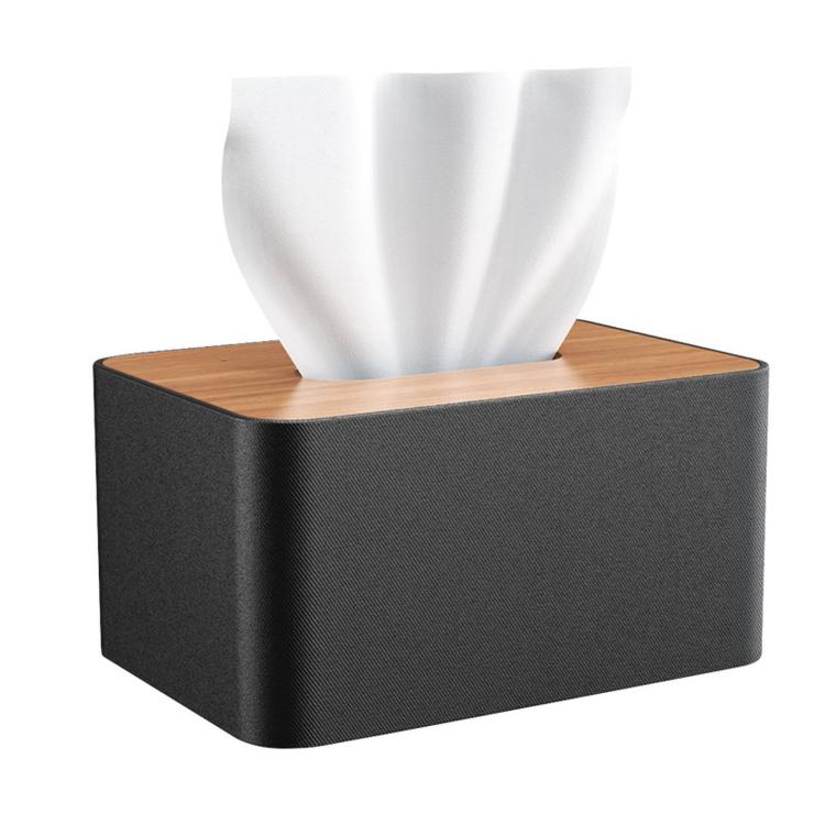 Black tissue box with wooden top and white tissues, front view