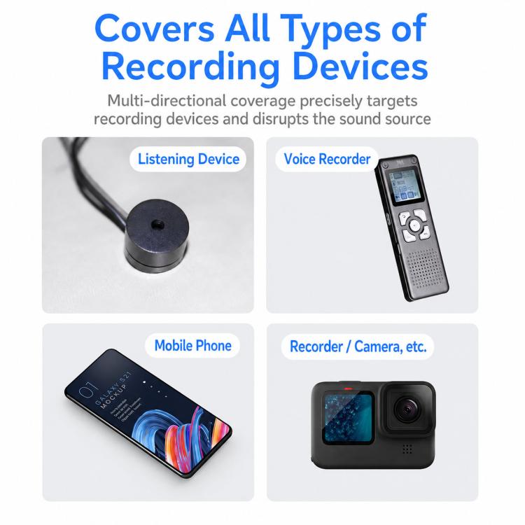 Black tissue box–style audio protection device with circular top and cord