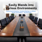 Black fabric tissue box with wooden lid and white tissues in meeting room