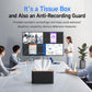 Black fabric tissue box with wooden lid and white tissues on office table