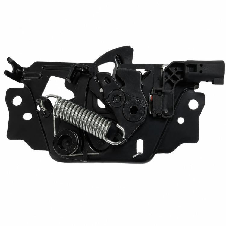 Black hood latch lock assembly with metal spring and mounting bracket