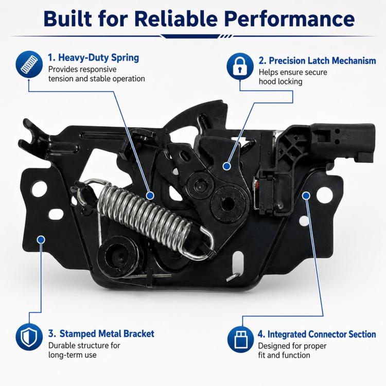 Black hood latch lock assembly with heavy-duty spring and metal bracket
