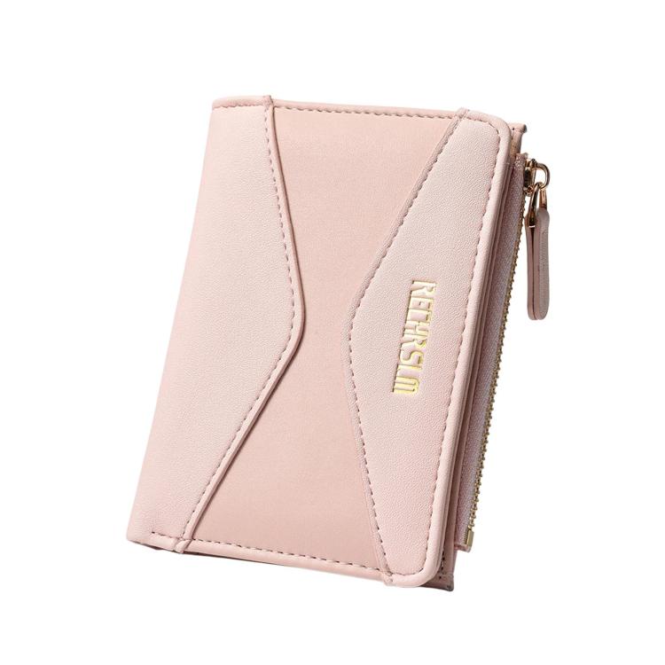 Pink color-block short women’s wallet card holder with gold zipper and stitched logo