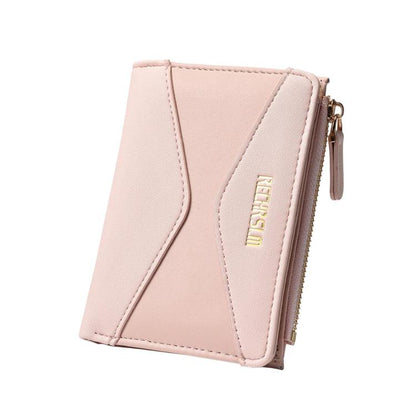Pink color-block short women’s wallet card holder with gold zipper and stitched logo