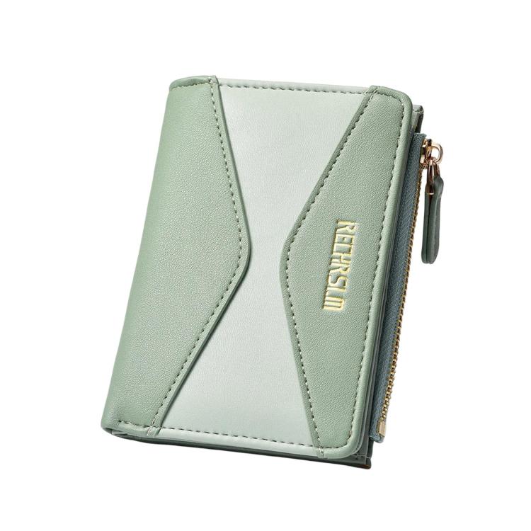 Green color-block short women’s wallet card holder with gold zipper and stitched logo