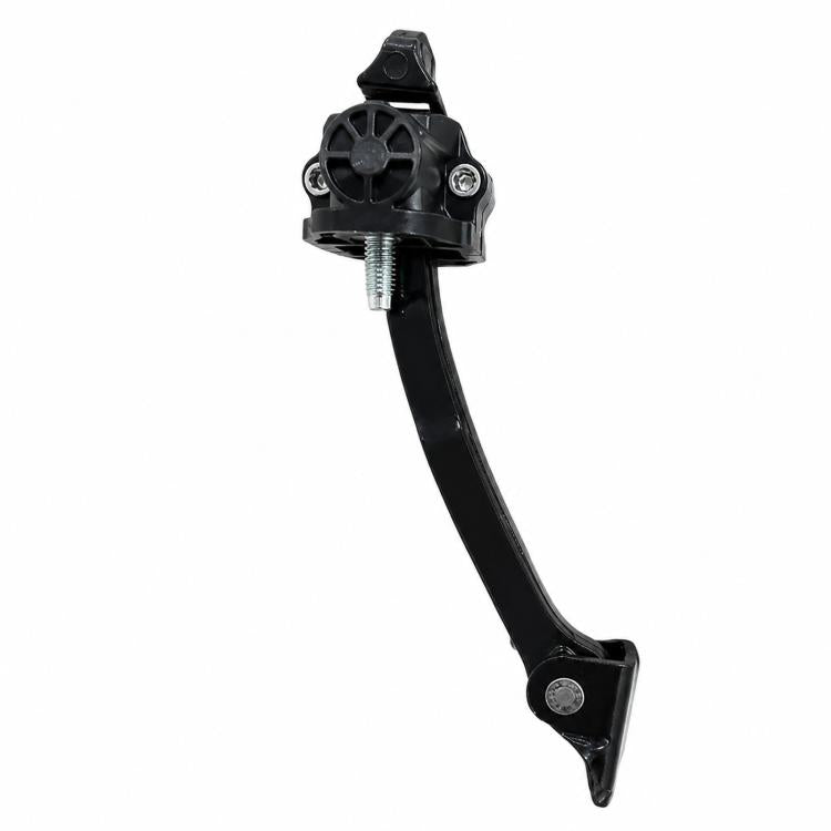 Black metal rear door check stop locator adjuster with pivot arm and threaded bolt