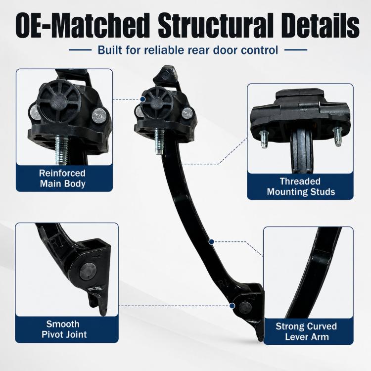 Black rear door check stop locator adjuster showing threaded mounting studs and pivot joint