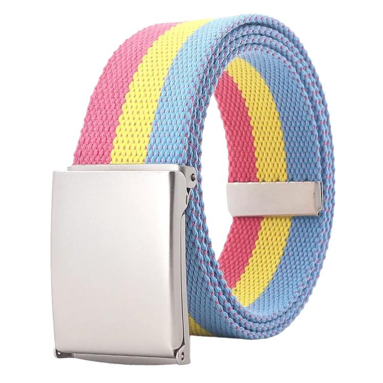 Striped canvas belt with flip-top metal buckle and bottle opener, pink yellow blue stripes