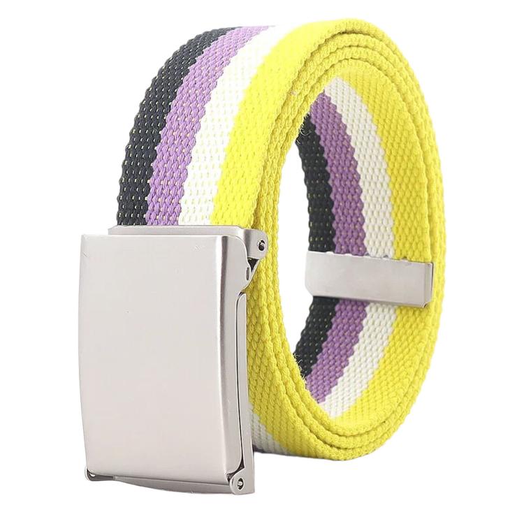 Striped canvas belt with flip-top metal buckle and bottle opener, black white purple yellow stripes