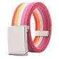 Striped canvas belt with flip-top metal buckle and bottle opener, coral pink white orange stripes