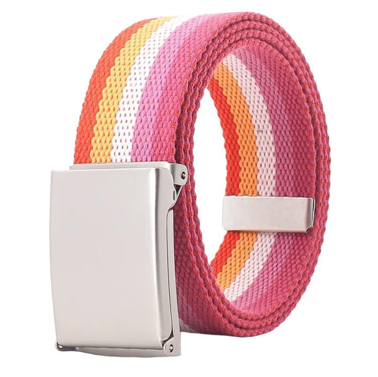 Striped canvas belt with flip-top metal buckle and bottle opener, coral pink white orange stripes