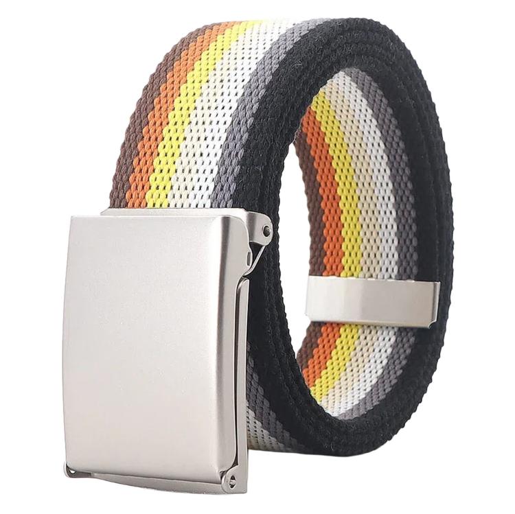 Striped canvas belt with flip-top metal buckle and bottle opener, dark gray white yellow orange stripes