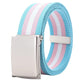 Striped canvas belt with flip-top metal buckle and bottle opener, light blue white pink stripes
