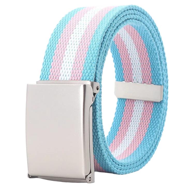 Striped canvas belt with flip-top metal buckle and bottle opener, light blue white pink stripes
